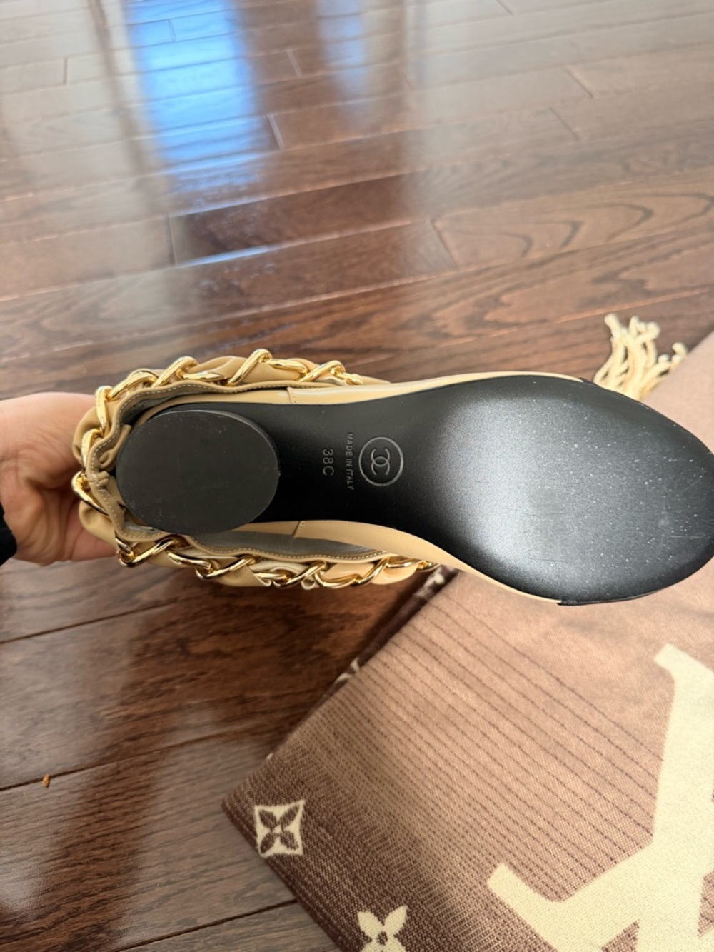 CHANEL Beige Leather Mid-Calf Boots with Black Cap Toe & Gold Chain - Picture 8 of 9